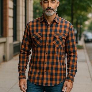 Mossy Oak Men’s XX-Large Orange and Blue Casual Plaid Snap Down Shirt